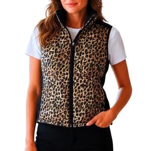 LAUREN RALPH LAUREN Womens (P/S) Leopard Print Zip-Up Vest w/ Purple Lining
